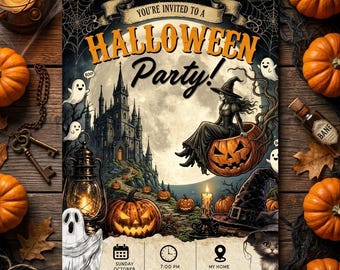 Spooky Halloween night invite, Witch Halloween party, Kids Ghost party Editable Canva Template, Digital editable canva