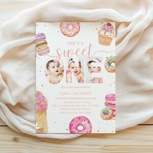 May include: A pink and white birthday invitation with a donut theme. The invitation says "She's a sweet one" and includes photos of a baby girl. The invitation includes details for the party, including the date, time, and location.