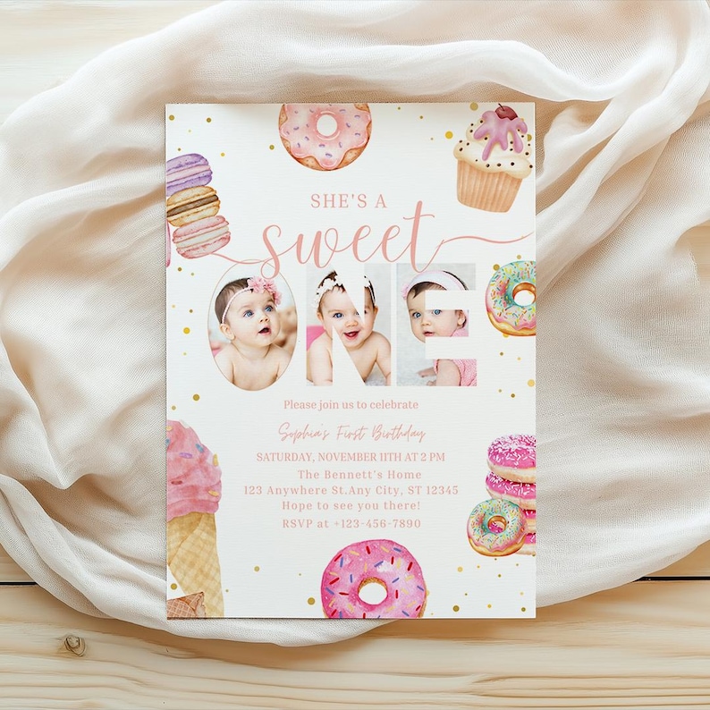 May include: A pink and white birthday invitation with a donut theme. The invitation says "She's a sweet one" and includes photos of a baby girl. The invitation includes details for the party, including the date, time, and location.