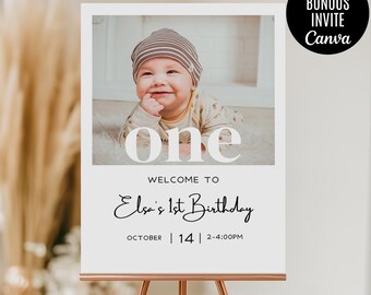 Photo First Birthday Welcome Sign, Minimal 1st Birthday Welcome Poster, Gender Neutral Editable Party Sign, Instant Download Canva