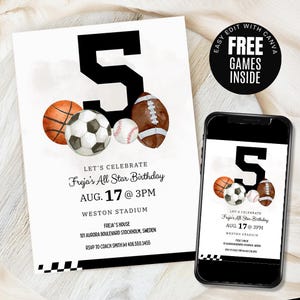 Sports Ball 5th birthday Party Invitation, Baseball Football Soccer Basketball, Lets Have a Ball EDITABLE Birthday Invite Digital Printable
