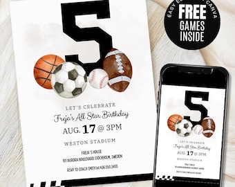 Sports Ball 5th birthday Party Invitation, Baseball Football Soccer Basketball, Lets Have a Ball EDITABLE Birthday Invite Digital Printable