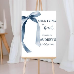She's Tying the Knot Bridal Shower Welcome Sign, Editable Minimalist Blue Bow Bridal Shower Poster, Blue Ribbon Bow Wedding Shower Sign