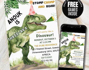 Trzy Rex dinozaur elektroniczne zaproszenie Wydrukuj szablon Natychmiastowe pobranie Dwa Rex dinozaury 3. urodziny zaproszenie Urodziny dinozaura