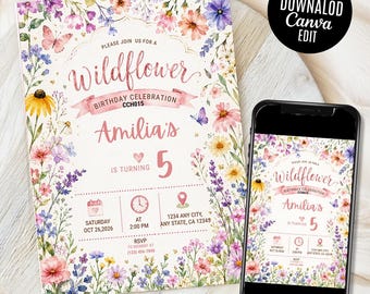 Wildflower Garden Birthday Invitation, Fairy Garden Party Birthday invite, Editable template(Digital Download)