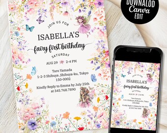 Fairy First Birthday Invitation Girl, Boho Arch Fairy 1st Birthday Invite, Garden, Enchanted Garden Fairy Invitation, Birthday Girl