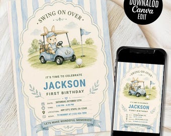 Golf First Birthday Invitation,Swing on over, Sage Green Let's Par-Tee 1st Birthday Invite, Hole in one, Editable template(Digital Download)