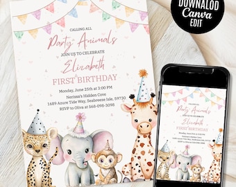 Safari Birthday Invitation, Wild One 1st Birthday Invite, Jungle Animals invitations, Safari Wild One Party Invite, Boy Birthday evite