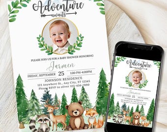 Woodland Baby Shower Invitation, Photo invite, Woodland Adventure Awaits, Baby Items Invite, woodland animals invitation, Forest Baby shower