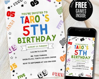 Boy Birthday Invitation, Neon Birthday Invitation, 5th boy invitation, 5th Birthday invitation, 5th Birthday, Boy Invitation Editable Canva