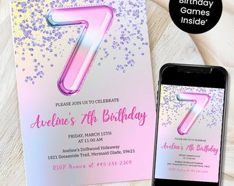 Puede incluir: Una invitación de cumpleaños con un globo de número siete iridiscente rosa y azul con confeti sobre un fondo degradado rosa y amarillo. El texto "Por favor, únase a nosotros para celebrar el séptimo cumpleaños de Aveline" está en la invitación. La fecha y la hora de la fiesta se enumeran a continuación. La invitación también incluye la dirección y la información de RSVP. El texto "Juegos de cumpleaños gratis dentro" está en una tarjeta separada.