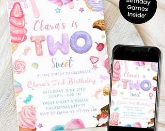 Two Sweet Birthday Invitation, 2nd Birthday Girl Invitation, Two Year Dessert Invite, Candy Sweets Donut Ice Cream Cupcake invite, Canva