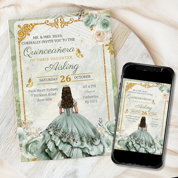 Sage Green Gold Floral Butterfly Princess Quinceanera Invitations Editable  Canva Template, Moss Green Gold Quince Invite Digital Card - Etsy