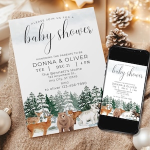 Woodland Baby Shower Invitation Template, Adventure Awaits baby shower Editable invitations, forest baby shower, Self Editable Canva