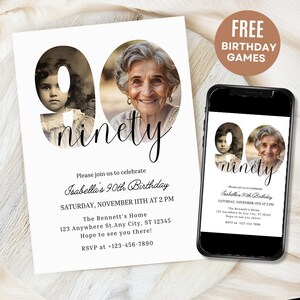 Könnte beinhalten: Eine weiße Einladungskarte mit einem Foto einer Frau und eines jungen Mädchens in Form der Zahl 90. Der Text "ninety" ist in schwarzer Kursivschrift geschrieben. Die Einladung ist für Isabellas 90. Geburtstag. Datum, Uhrzeit und Ort sind auf der Karte angegeben. RSVP-Informationen sind ebenfalls enthalten.