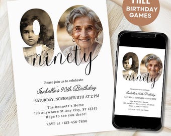 90. Geburtstagseinladung, Look Who's 90, 90. Geburtstagseinladung mit Foto, einfache 90er-Einladung, Neunziger Geburtstag, Einladung für Mann und Frau