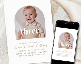 Editable Third Birthday Invitation 3rd Birthday Party Invite Minimalist Boho 3 rd Boy Birthday Girl Birthday Instant Digital Download Three