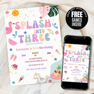 Splash into Three Birthday Invitation Pool Party Birthday Invitation Girly Splash Pad Water Slide Paddling Pool Summer Party Editable Canva