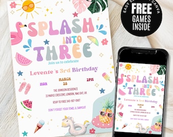 Splash into Three Birthday Invitation Pool Party Birthday Invitation Girly Splash Pad Water Slide Paddling Pool Summer Party Editable Canva