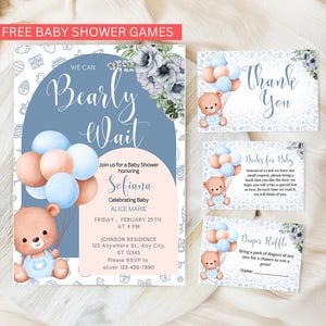 Editable We Can Bearly Wait Boy Baby Shower Invitation Bundle Balloon Bear Baby Shower Invite Boho Bear Baby Shower Invite Boy