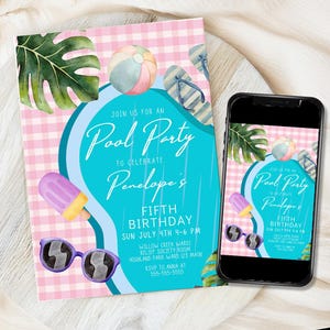 Editable Pool Party Invitation, Girl Pool Birthday Party, Pastel Invite, Summer Birthday Party, Swimming Party Template, Digital, Printable
