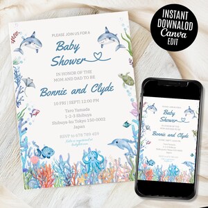 Oneder the Sea Birthday Invitation Printable, Under the Sea Editable Template, 1st Birthday Invite, Ocean Animals Girls Under the Sea Invite