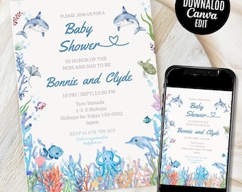 Oneder the Sea Birthday Invitation Printable, Under the Sea Editable Template, 1st Birthday Invite, Ocean Animals Girls Under the Sea Invite