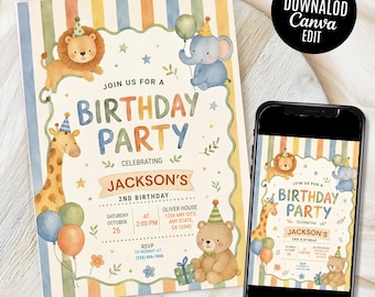 Party Animals Birthday Invite, Safari Animals Birthday Party, Editable Colorful 2nd Birthday Invite, Editable template (Digital Download)