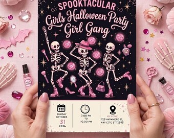 Pinke Halloween-Party-Einladung, Skelett-Tanzparty-Einladung, Gruselige Mädchen-Nachtparty, Geister-Schleife Halloween-Einladung (digital bearbeitbar)