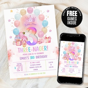 Little Miss Threenager, Editable 3rd Birthday Invitation, Cute Colorful Girl Invite with Photo Option, Canva Invite Template