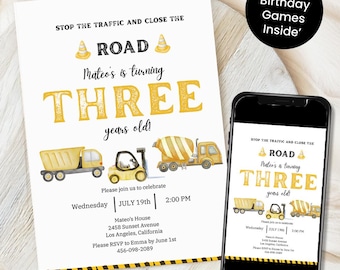 Modèle d'invitation d'anniversaire de construction Arrêtez la circulation et fermez la route Invitation d'anniversaire de camion-benne à téléchargement immédiat