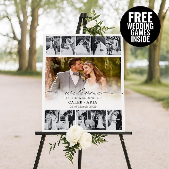 Elegant Wedding Welcome Sign Template, Wedding Photo Collage