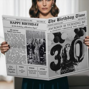 May include: A woman holds a newspaper-style birthday announcement. The headline reads "Jackson is Turning 30!" with a large "30" balloon. The paper includes event details, photos, and the phrase "Happy Birthday."
