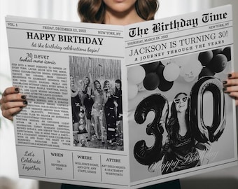 Plantilla de invitación de periódico para 30 cumpleaños con fotos, programa de fiesta personalizado, Canva editable, descarga instantánea