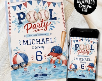 Pool Party Birthday Invitation, Baseball and Pool Theme Party Invite, Sports Splash, Editable Template Digital Download