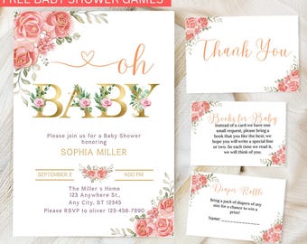 Pink Baby Shower Invitation Template Bundle, Oh Baby Floral Baby Shower Invite, Sweet Baby Invitation, Girl Baby Shower, Baby Shower Invite