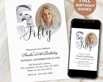 50th Birthday Invitation Template 50 th Digital Invite with Photo Instant Download Fifty and Fabulous Minimalist Boho Birthday Printable