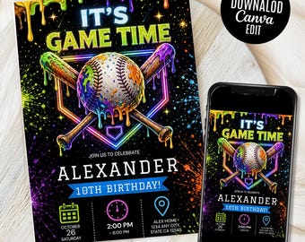 It's game time, baseball birthday invitation, boy birthday party invite, Editable template(Digital Download)