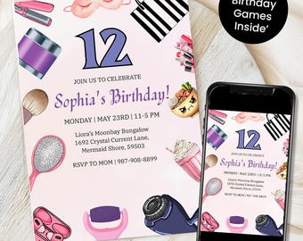 Invitación de dos dígitos, invitación para el 12.º cumpleaños, invitación editable para cumpleaños de niña, invitación rosa, descarga digital, incluye Evite