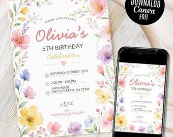 Wildflower Garden Birthday Invitation, Garden Party Birthday invite, Editable template(Digital Download)
