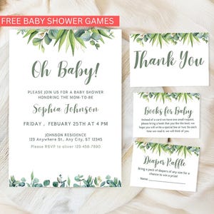 Editable Greenery Baby Shower Invitation Set Eucalyptus Baby Shower Invite Bundle Printable Template, Canva Digital download
