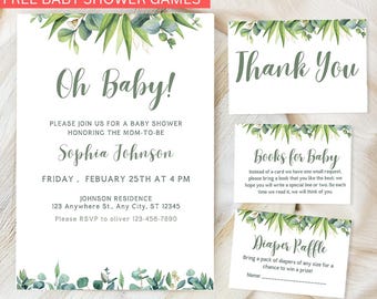 Editable Greenery Baby Shower Invitation Set Eucalyptus Baby Shower Invite Bundle Printable Template, Canva Digital download