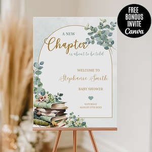 A New Chapter Begins Baby Shower Welcome Sign Girl Storybook Baby Shower Decor Book Themed Baby Shower Ideas watercolor eucalyptus leaves