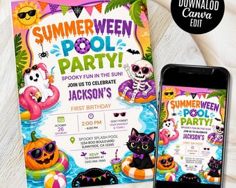 Summerween Birthday Invitation, Pool Party Invite, Funny Spooky Summer Invite, Summer Invitation, Editable Canva Template