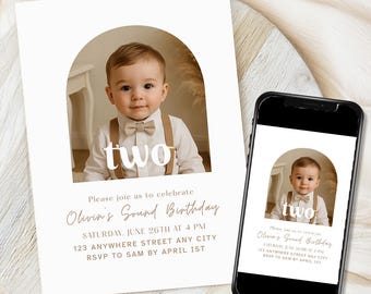Second Birthday Invitation, 2nd Birthday Party Invite, Minimalist Boho 2 nd Boy Birthday, Girl Birthday, Two invitation, Printable Template