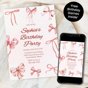 Pink Bow Invitation - Coquette Birthday Girl Invite | Editable & Printable Invitation Template | Digital Download for Girl Birthday Party