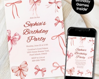 Pink Bow Invitation - Coquette Birthday Girl Invite | Editable & Printable Invitation Template | Digital Download for Girl Birthday Party