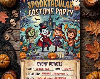 Gruselige Kostümparty-Einladung zu Halloween, Kindergeburtstagseinladung zu Halloween, Geister- und Gruselparty-Einladung (digitale, bearbeitbare Canva-Vorlage)