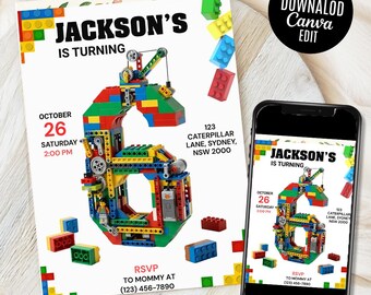 6th Birthday Building Blocks Invitation, Editable Boy Birthday, Kids Party Invite Canva Template (Digital Download)