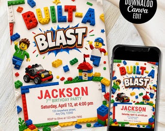 Building Blocks Birthday Invitation, Brick Builder Party, Editable Canva Template (Digital Download)